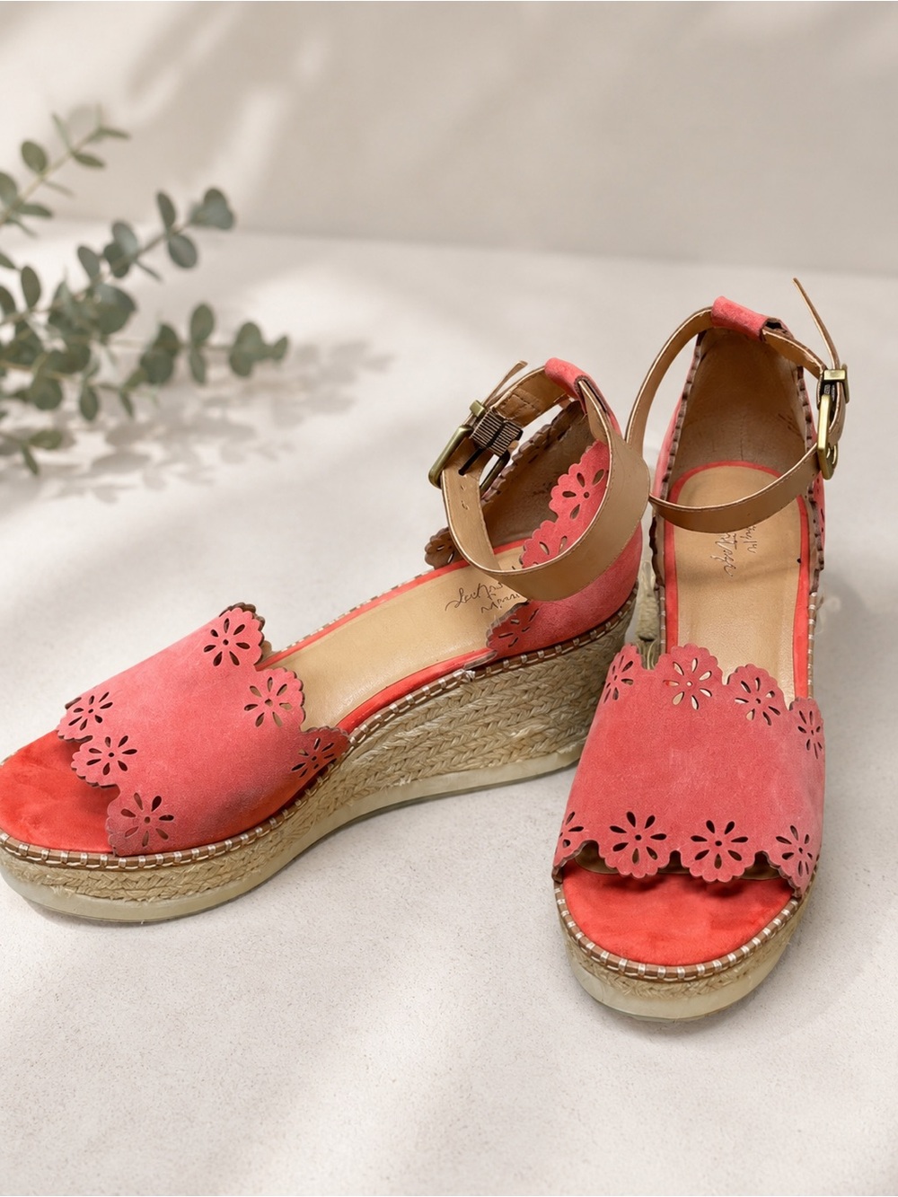 Crown Vintage Coral Pink Floral Cutout Espadrille Wedges